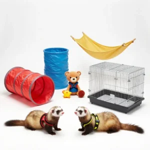 Accessoires et jouets variés pour furet disposés proprement