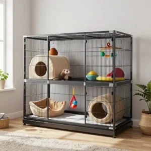Cage de furet aménagée avec tunnels et hamacs