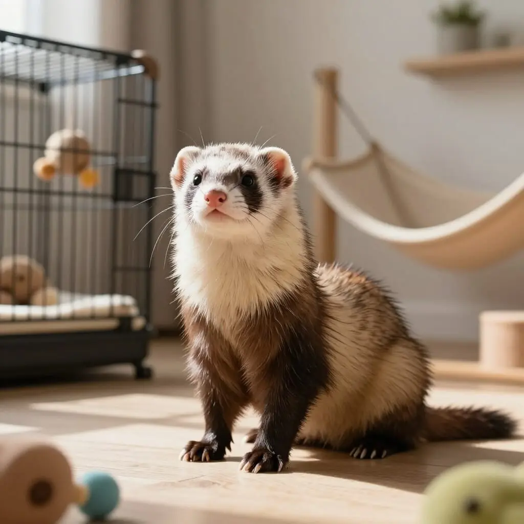 Furet domestique dans un environnement aménagé avec cage et jouets
