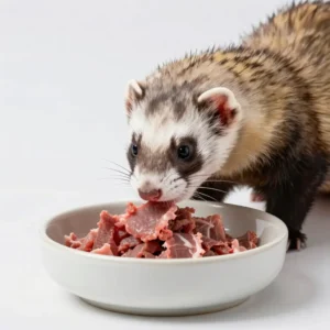 Furet mangeant une alimentation adaptée dans une gamelle