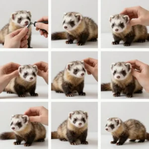 Illustration éducative des soins quotidiens d’un furet