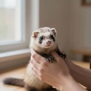 Personne tenant un furet domestique dans un cadre chaleureux