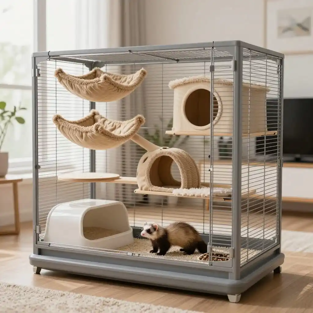 Cage spacieuse aménagée avec les accessoires nécessaires pour un furet