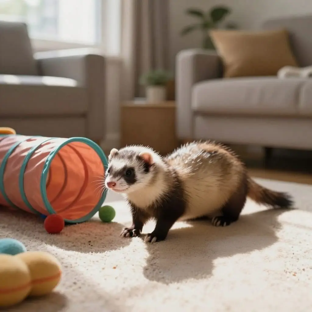 furet sur le tapis d'un salon avec jouets et tunnels