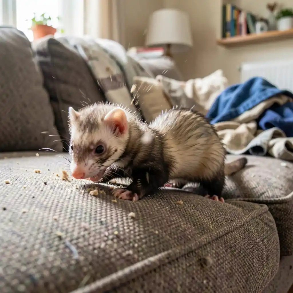 Furet en train de gratter et explorer un canapé dans une maison
