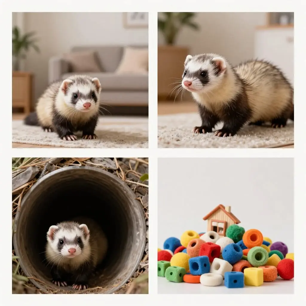 Trois photos de furets dans une maison et une de jouets pour furet