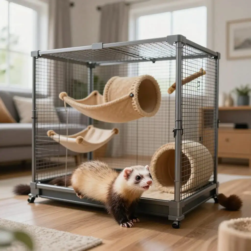 Furet dans un environnement de vie parfaitement aménagé.