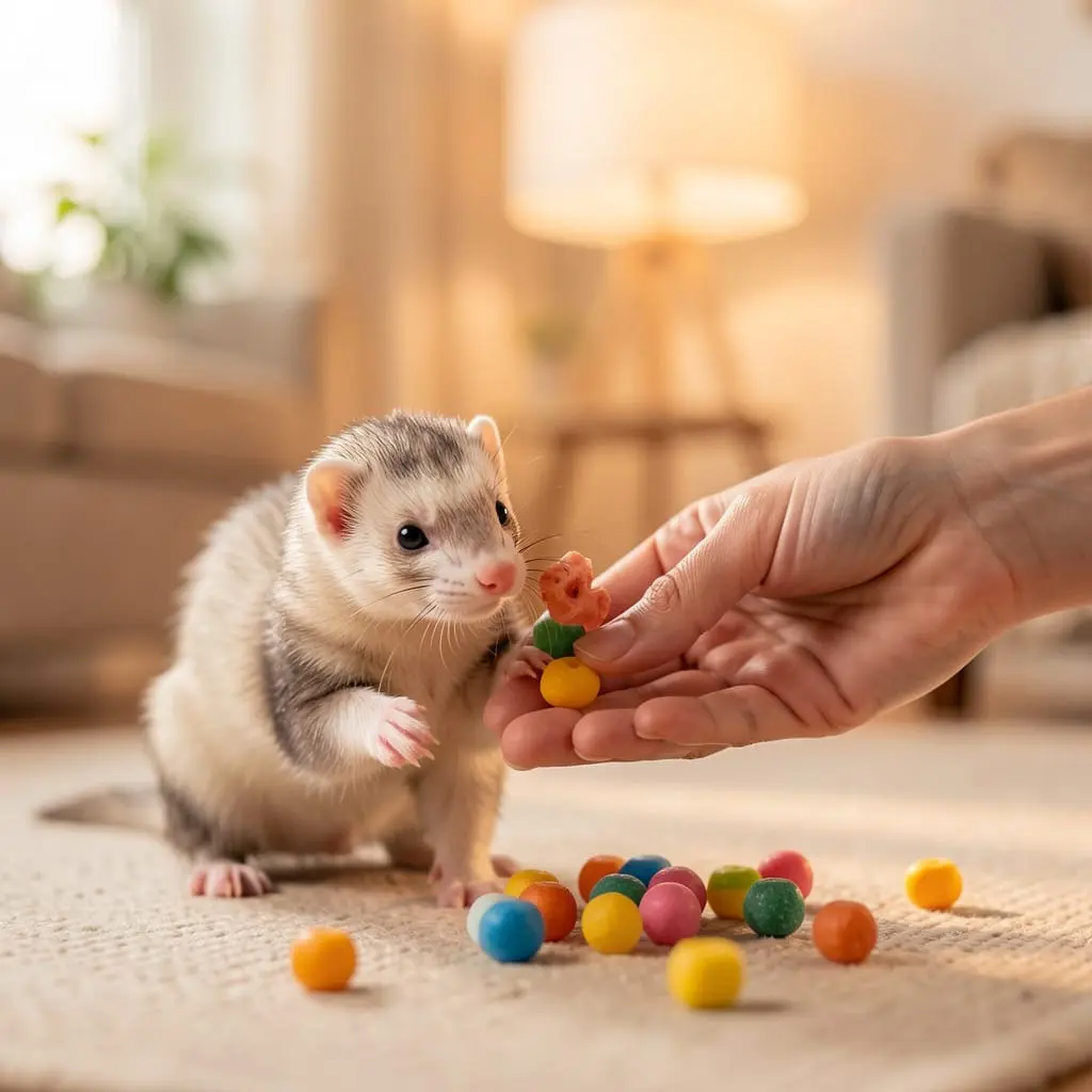 Furet en séance d’éducation positive avec son propriétaire
