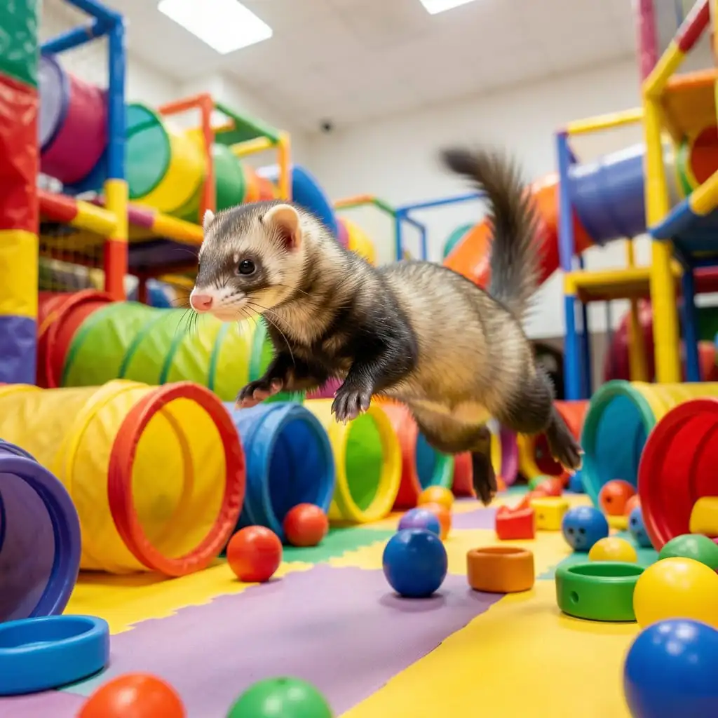 Furet jouant activement dans des tunnels et jouets d’intérieur