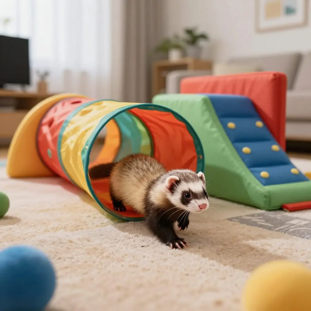 Furet jouant dans une aire de jeu intérieure.