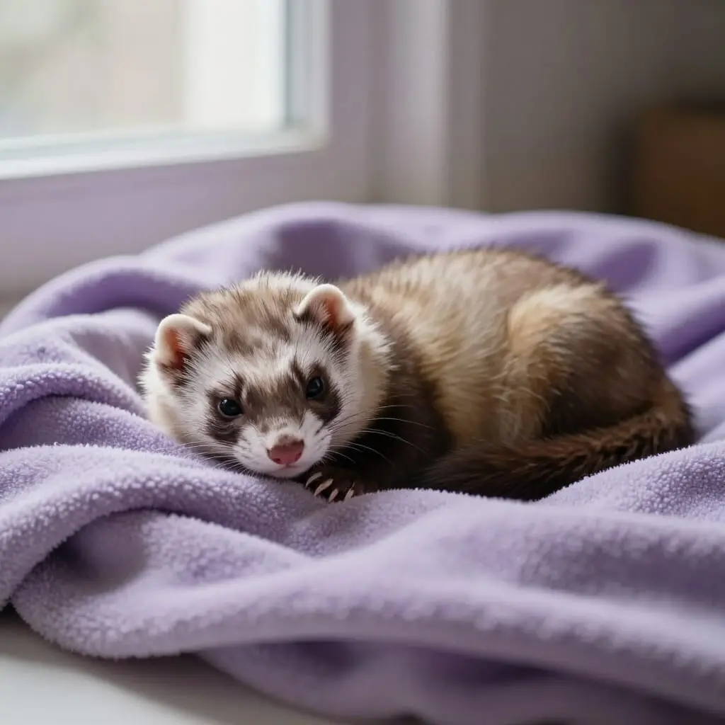 Furet fatigué montrant des signes de maladie.