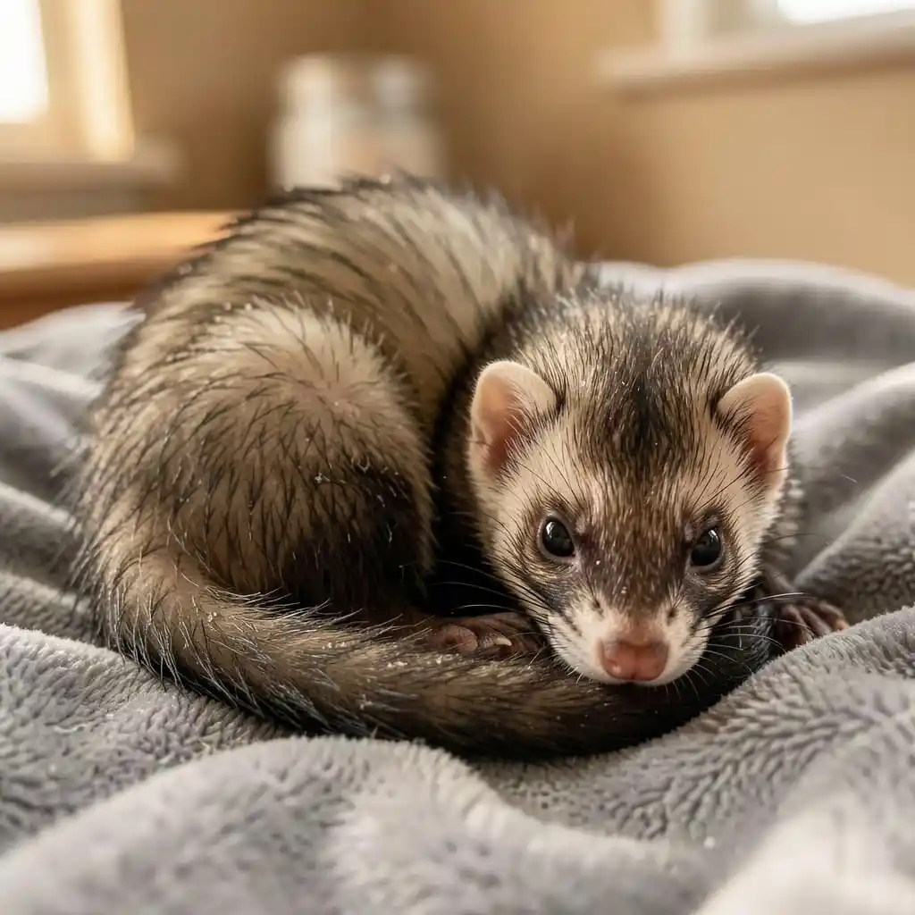 Furet qui tremble légèrement recroquevillé sur une couverture douce
