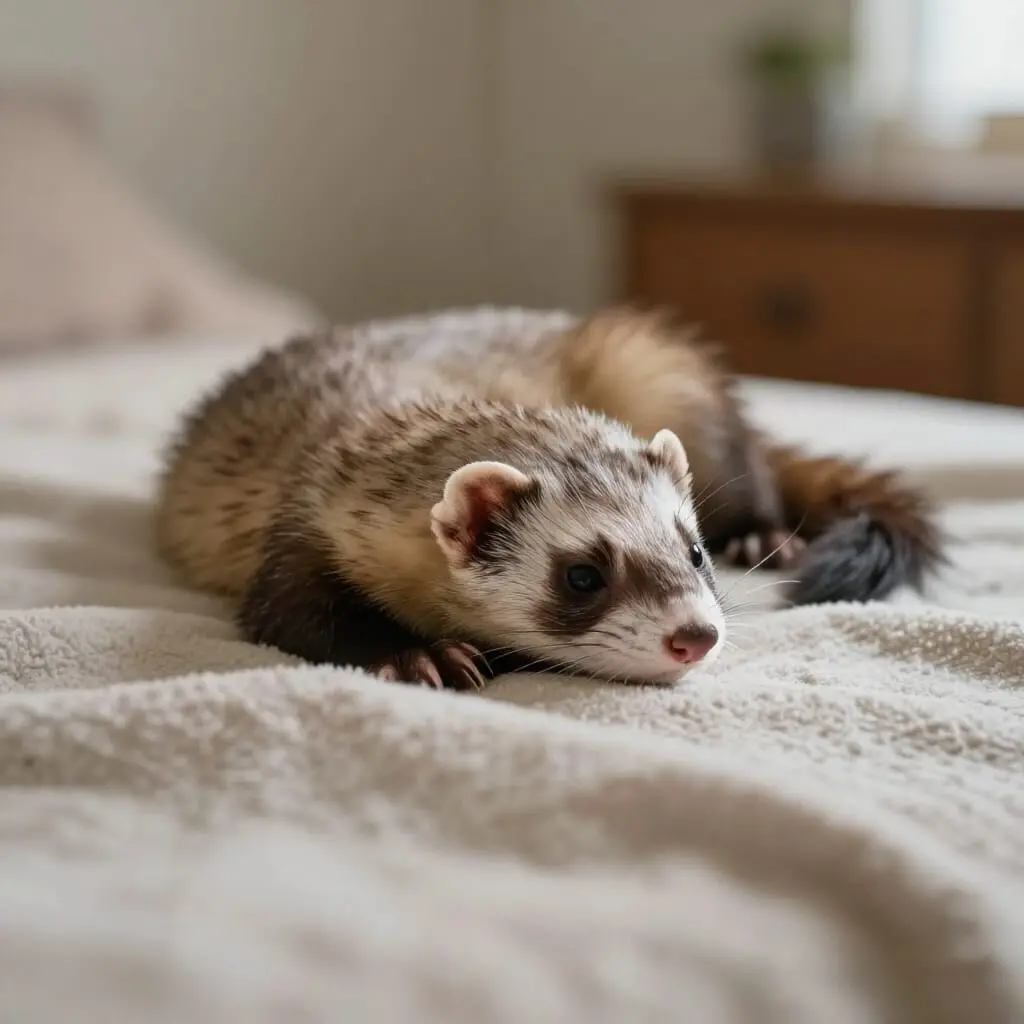 Furet âgé reposant calmement à la maison.