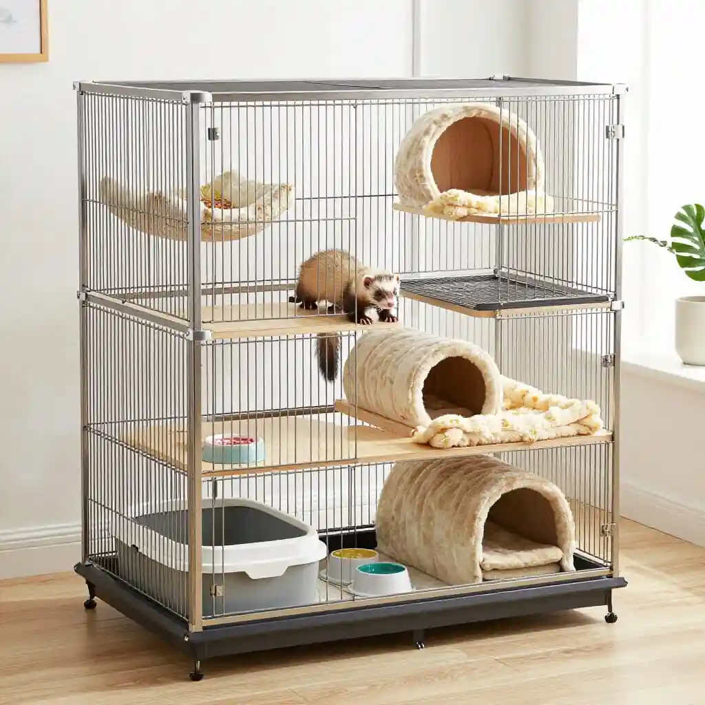 Grande cage moderne aménagée pour un furet