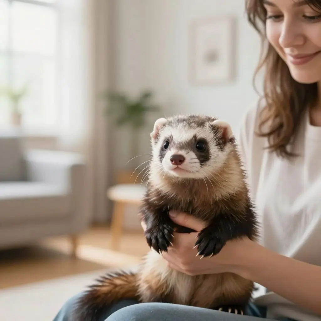 Jeune furet tenu dans les bras de sa propriétaire lors de son adoption.