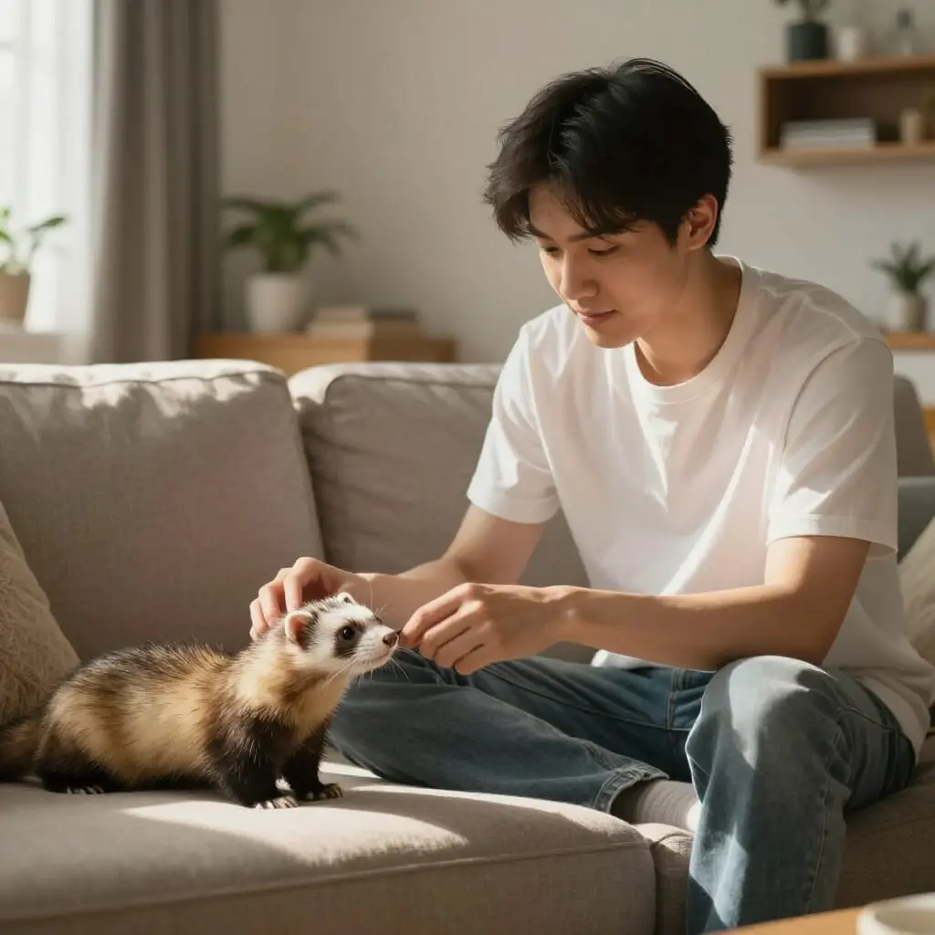 Propriétaire jouant avec son furet dans un salon