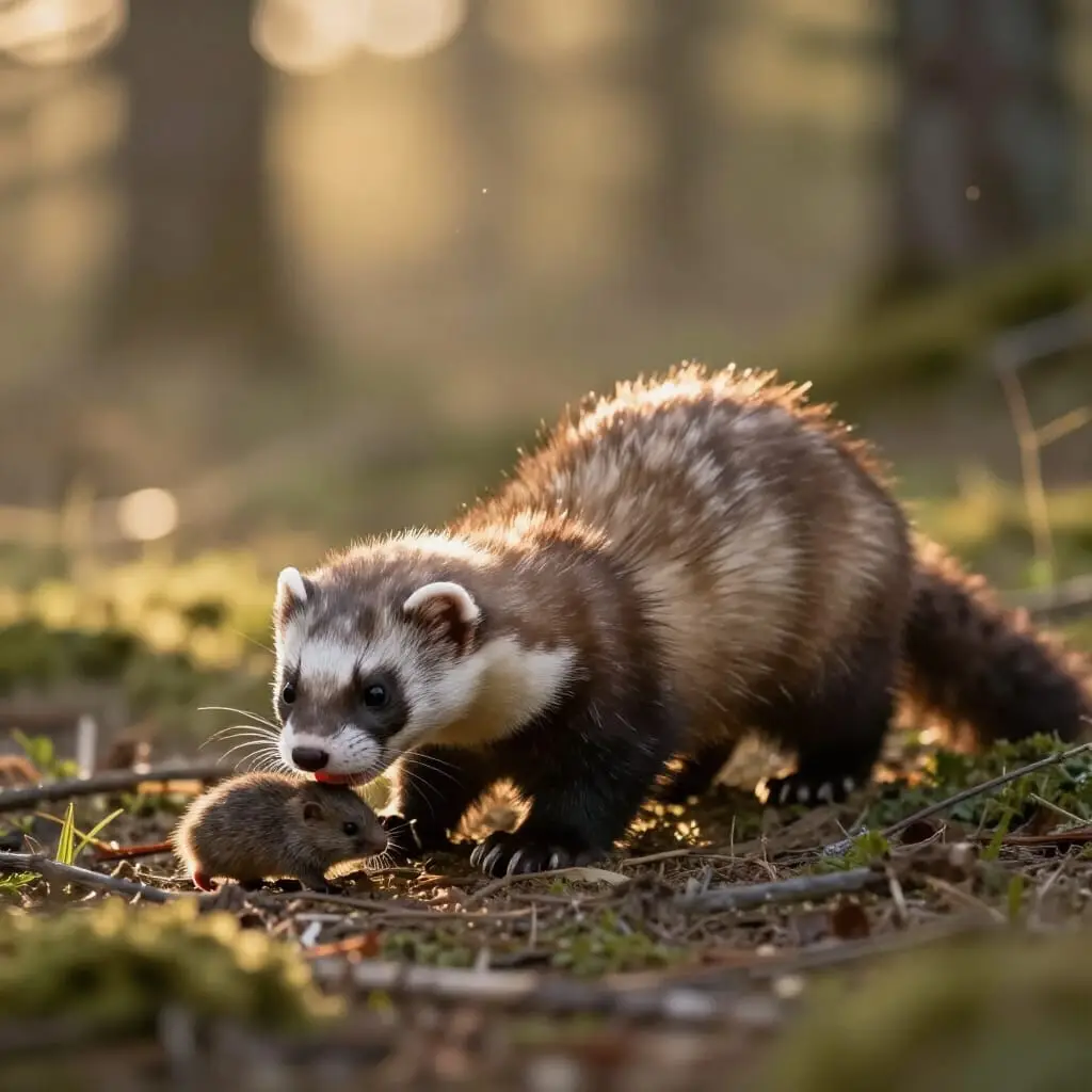 Furet chassant une proie dans son environnement naturel