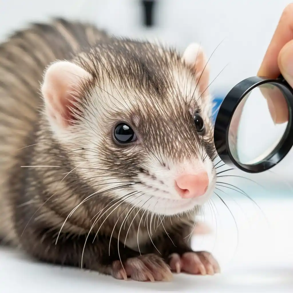 Contrôle des parasites sur le pelage d'un furet.