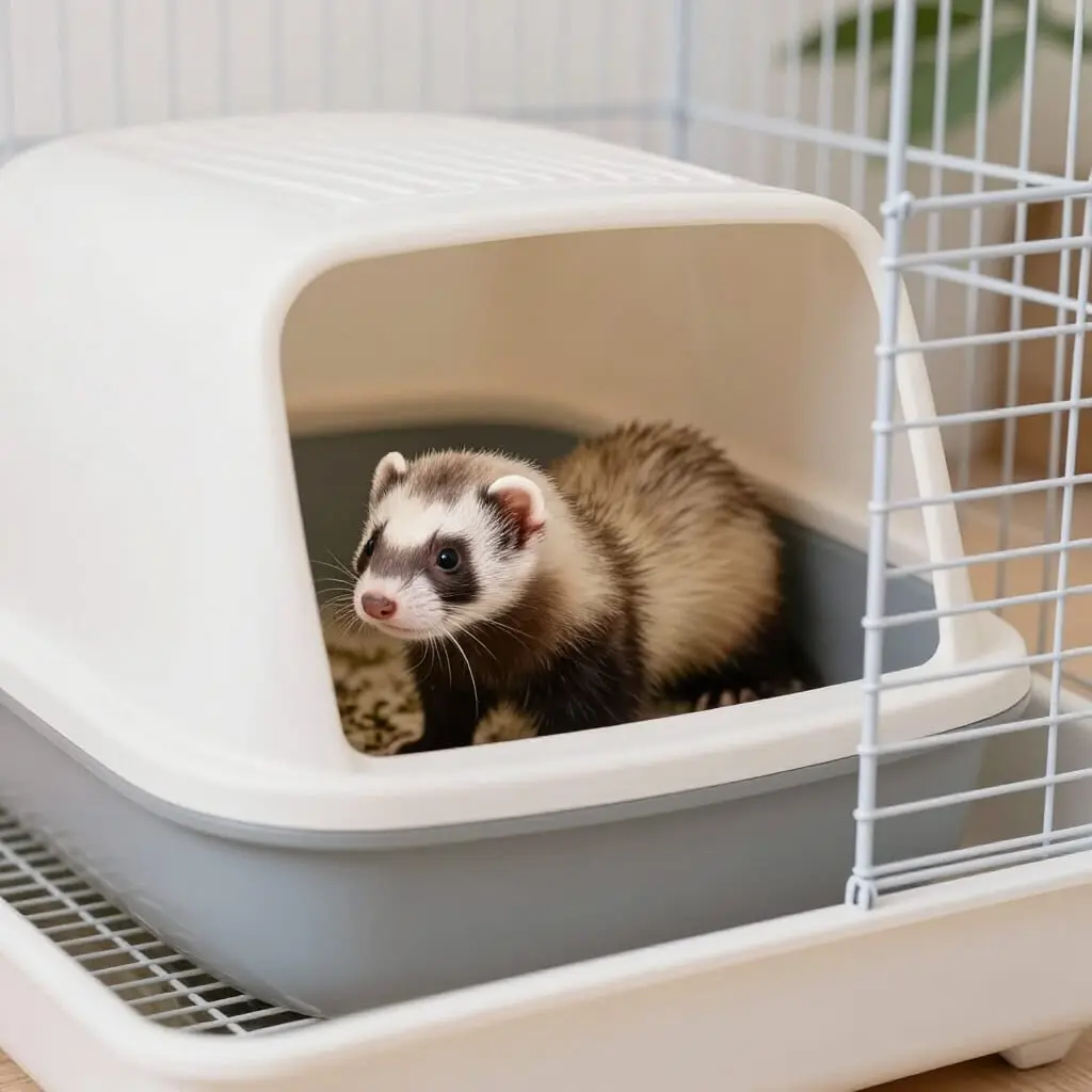 Furet utilisant correctement une litière dans un environnement propre