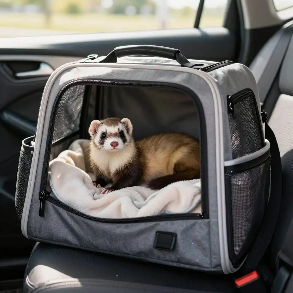 Furet installé dans un sac de transport sécurisé