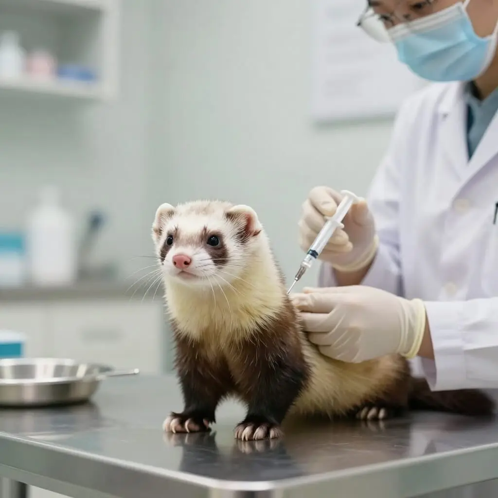 Vaccination d’un furet chez le vétérinaire.