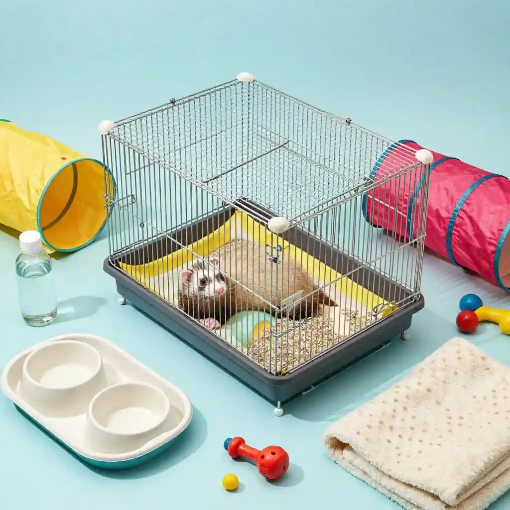 Accessoires essentiels pour aménager une cage de furet.