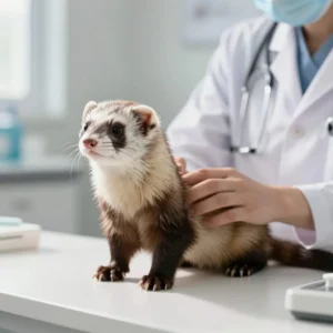 Jeune furet lors d'un examen vétérinaire.