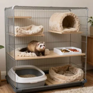 Cage de furet bien aménagée avec tous les équipements.