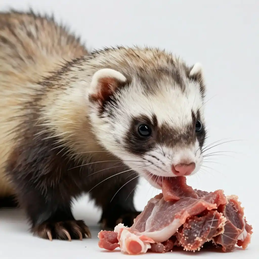 Furet mangeant de la viande, carnivore strict