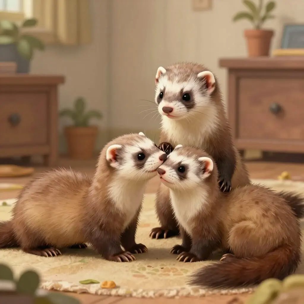 Plusieurs furets cohabitant et interagissant calmement