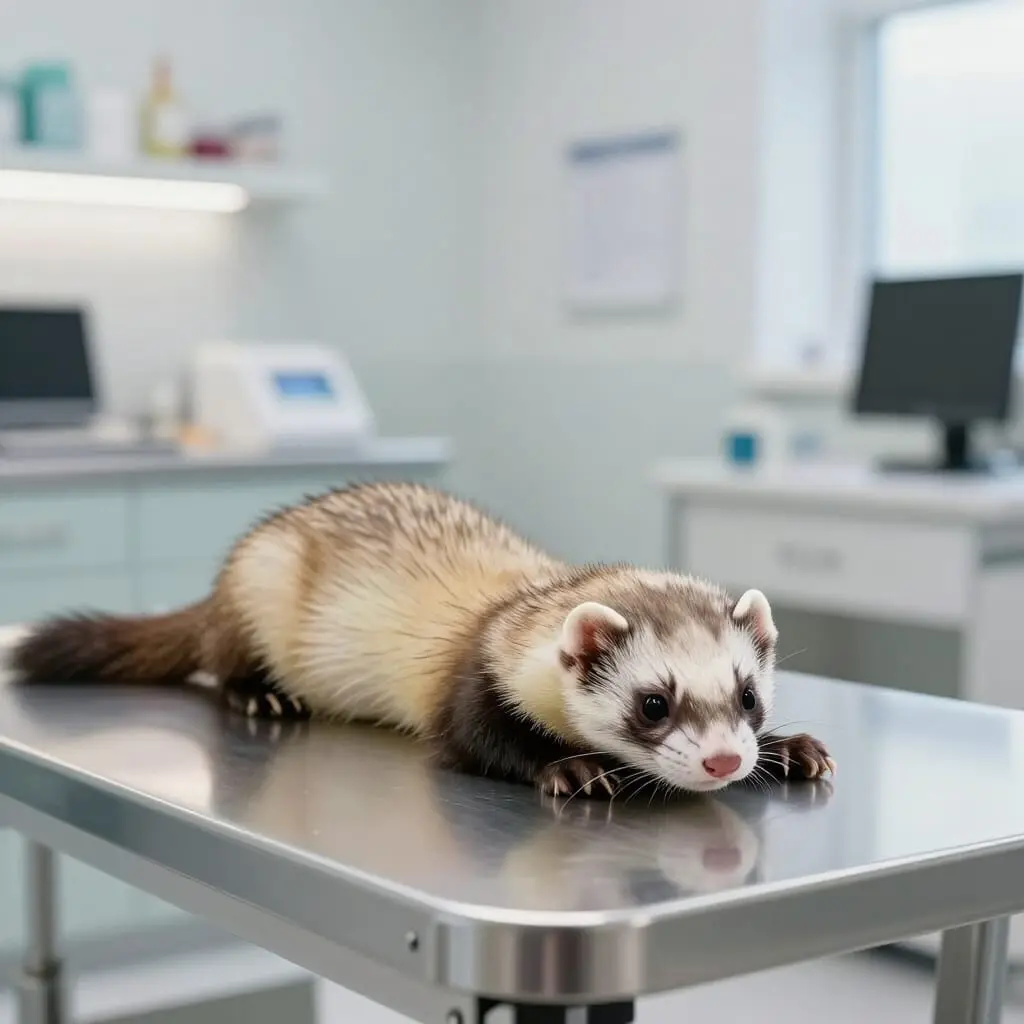 Furet malade examiné pour des troubles digestifs.