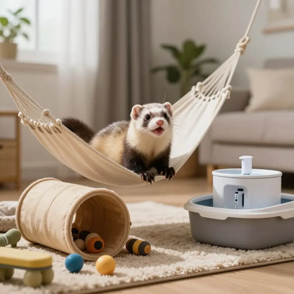 Furet dans un environnement complet avec ses accessoires essentiels