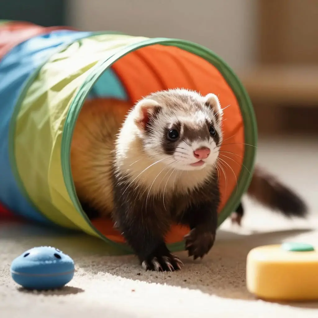 Furet explorant des tunnels et des jouets pour stimuler son comportement naturel