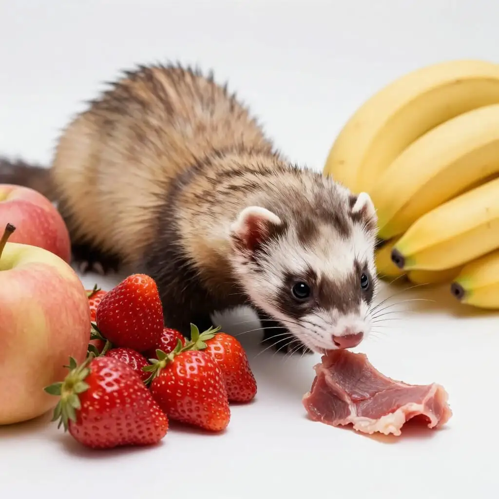 Furet face à des fruits et de la viande