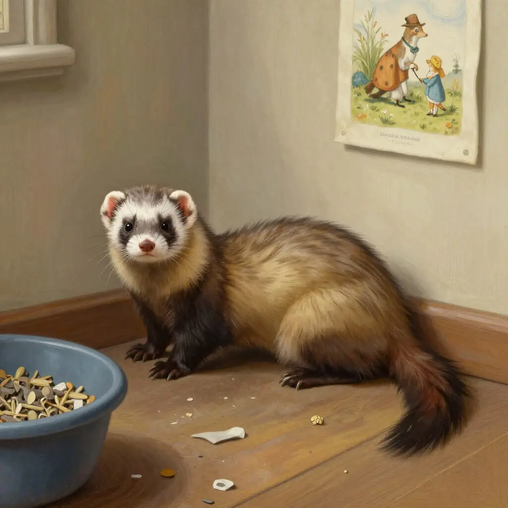 Furet montrant un comportement de malpropreté dans une pièce