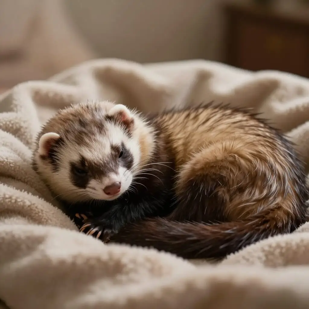 Furet dormant profondément en boule dans un endroit confortable
