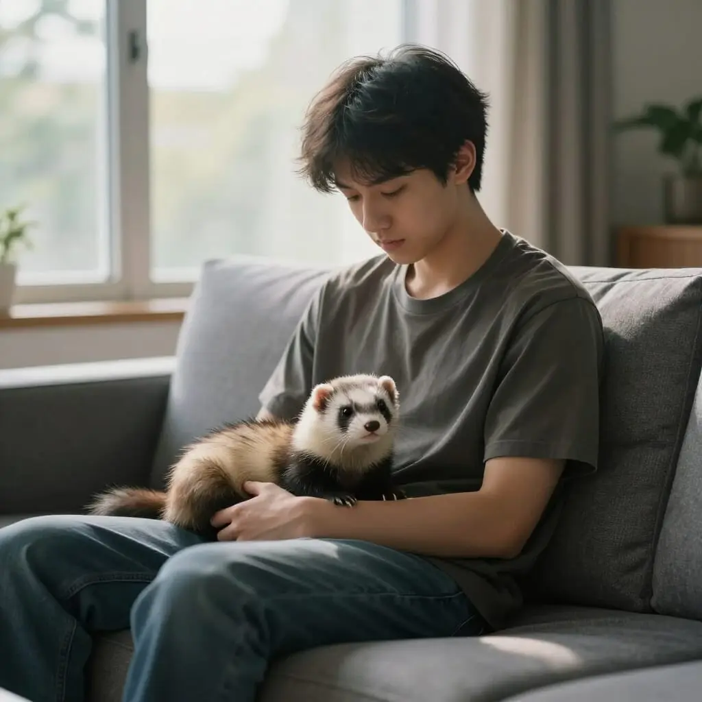 Personne réfléchissant à adopter un furet dans son salon