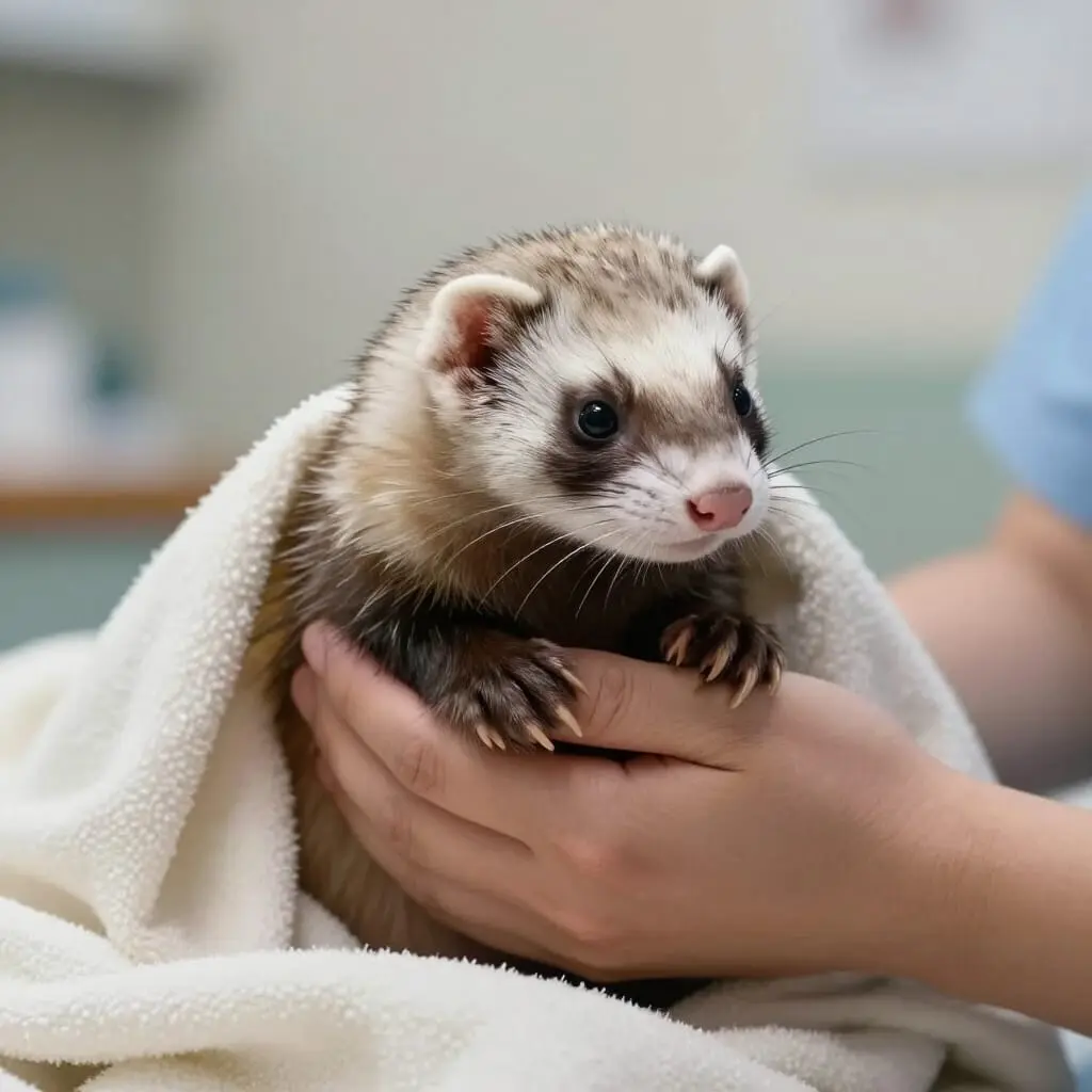 Furet qui tremble légèrement dans les mains d’un humain