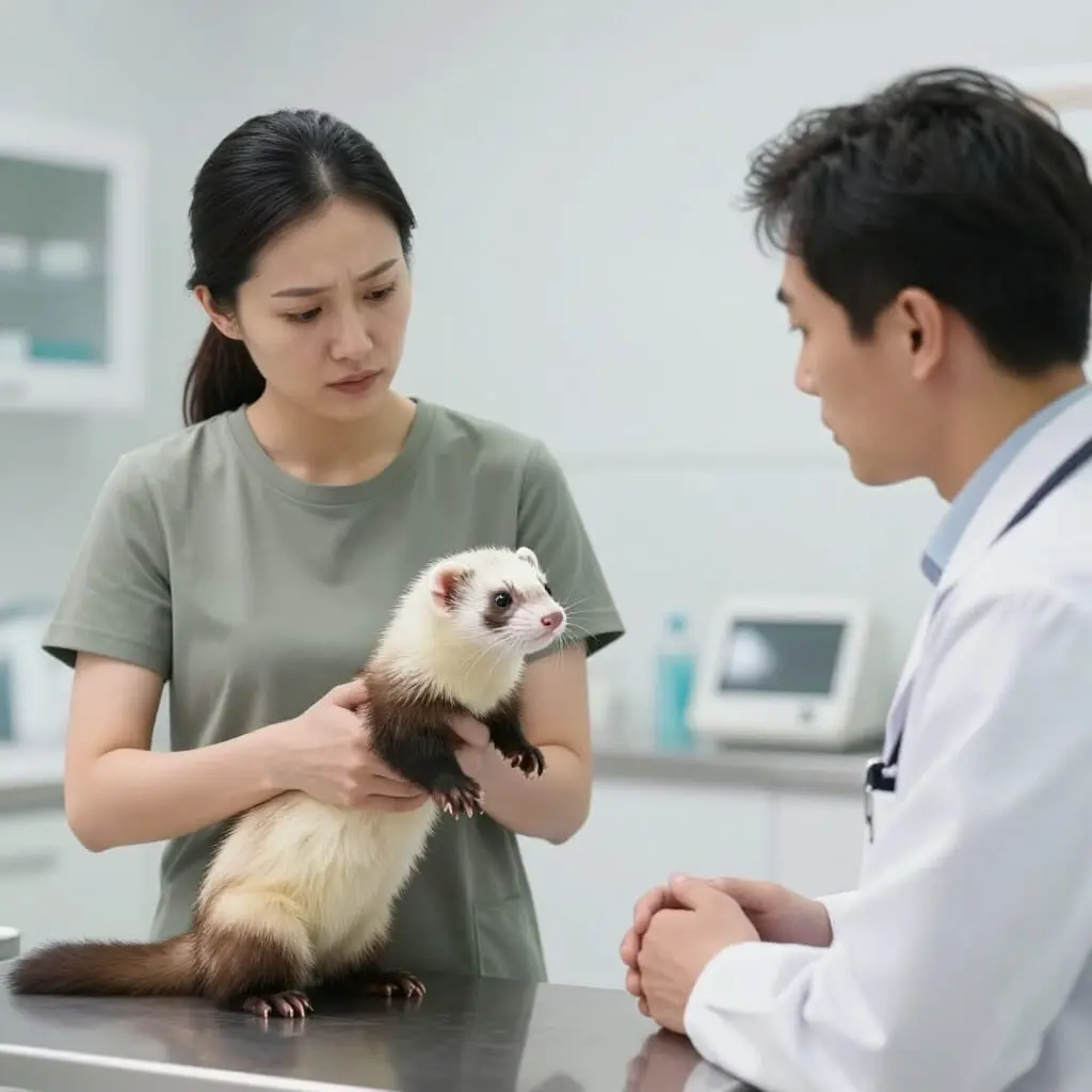 Consultation vétérinaire après des vomissements chez un furet.