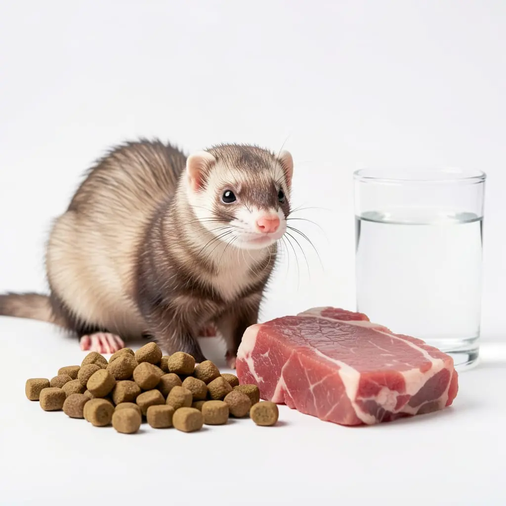 Furet devant différents aliments adaptés à son alimentation