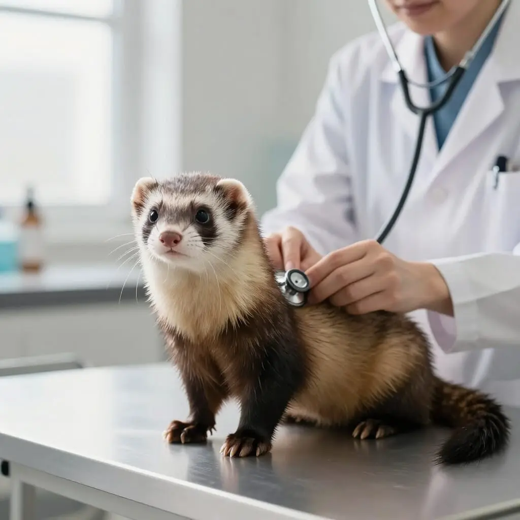 Furet en bonne santé examiné par un vétérinaire dans une clinique.