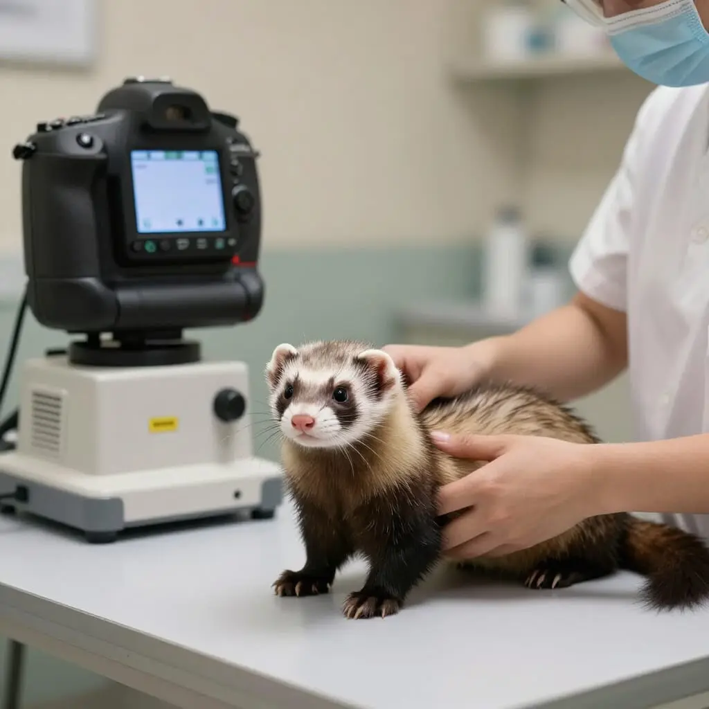 Examen vétérinaire d'un furet atteint d'un insulinome.