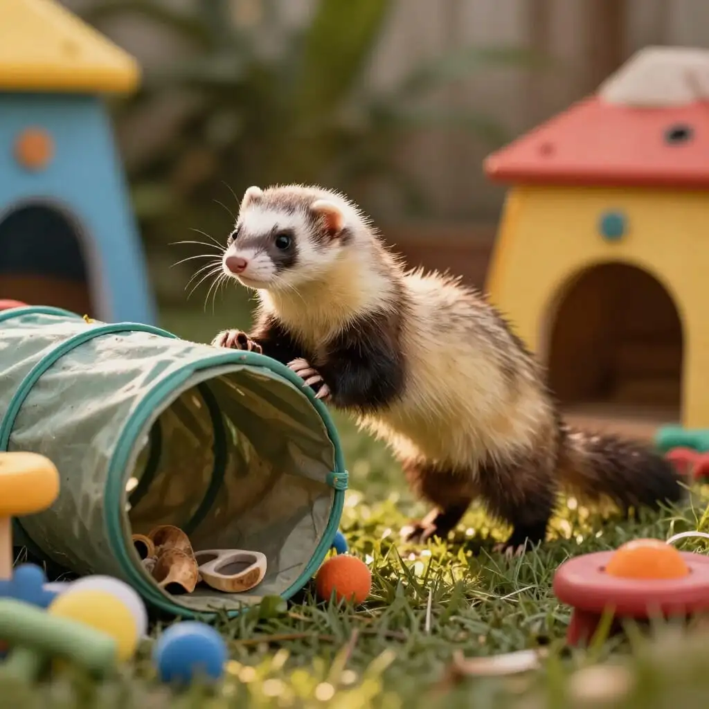 Furet jouant dans un tunnel et divers accessoires d’enrichissement