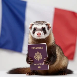 Furet tenant un passeport français illustrant la réglementation française