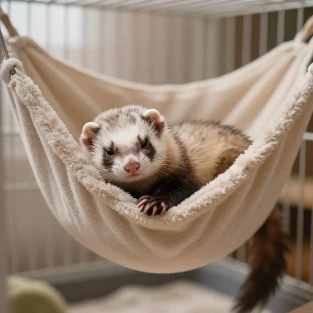 Furet dormant dans un hamac suspendu.