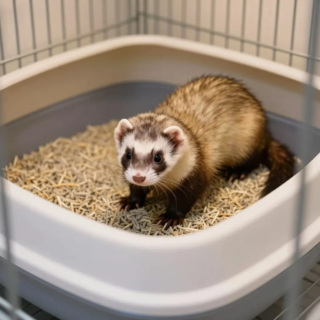 Furet utilisant un bac à litière.