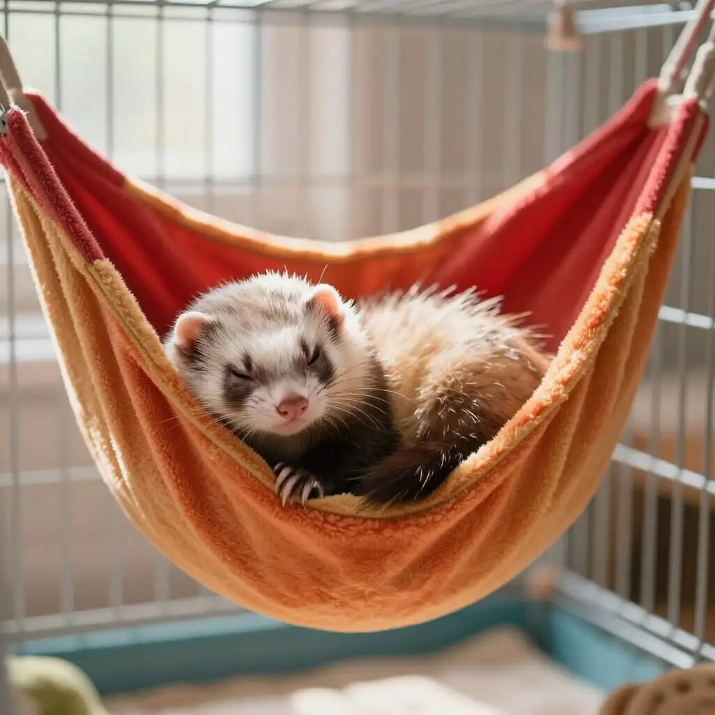 Furet dormant dans un hamac.