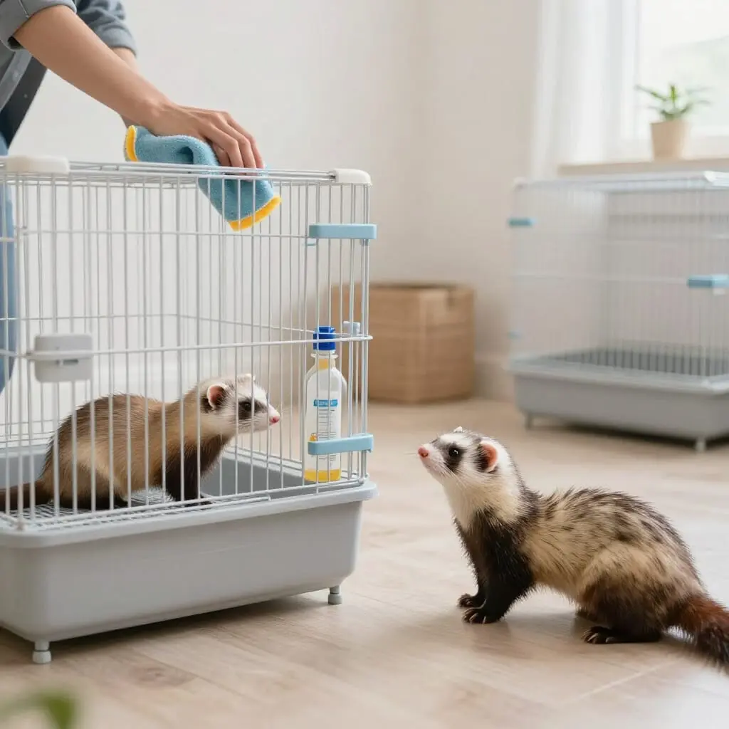 Nettoyage d'une cage de furet.