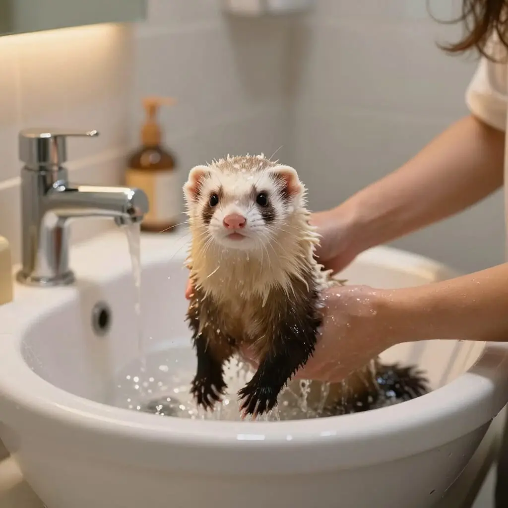 Bain d'un furet réalisé dans de bonnes conditions