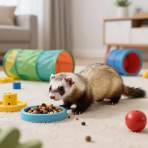Furet jouant avec des jouets d'occupation.